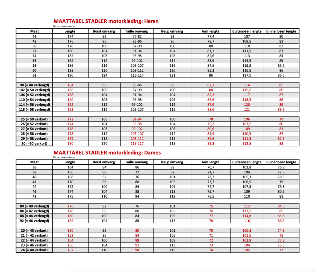 stadler motorkleding maattabel